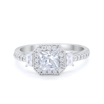 Halo Princess Cut Wedding Ring Simulated CZ 925 Sterling Silver